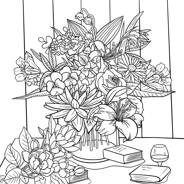 Colorful Flowers in a Vase with Books and a Wine - Glass on the Table