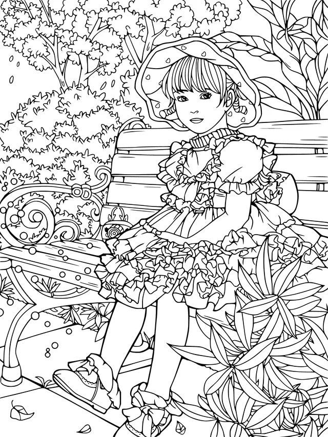 A Girl in a Red Dress Sitting on a Bench
