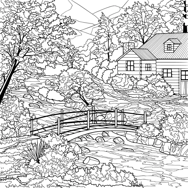 Beautiful Scenery of a Log - cabin by the Stream in Autumn