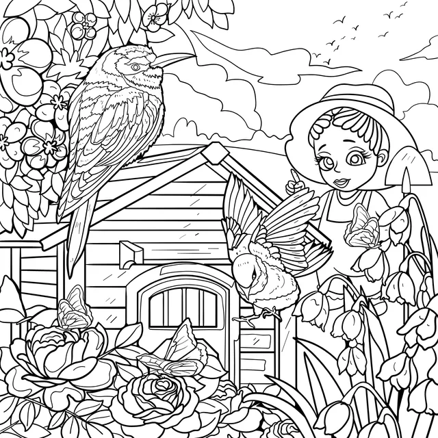 Girl and Birds in the Garden