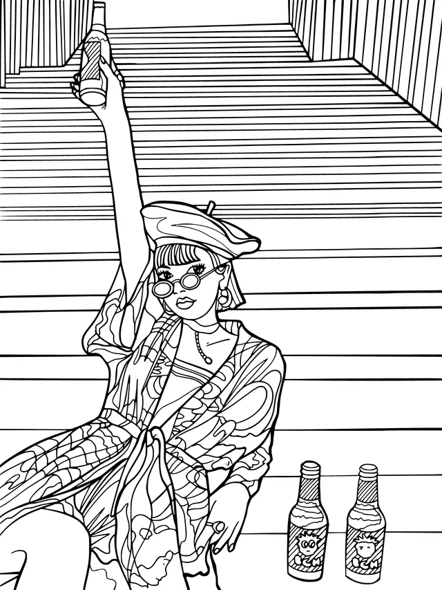 Fashionable Girl Raising a Bottle in Celebration