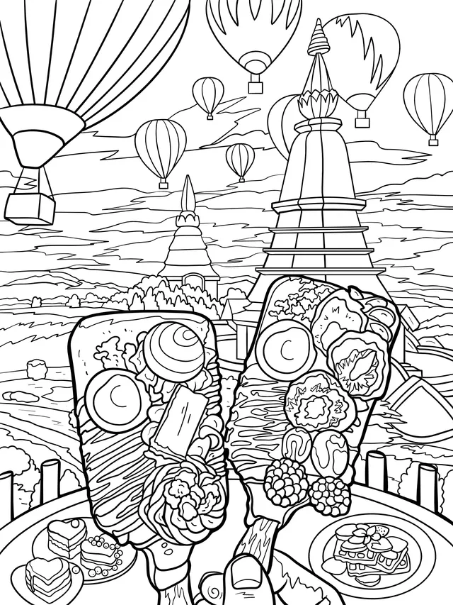 Colorful Desserts and Tower Scenery under Hot - air Balloons