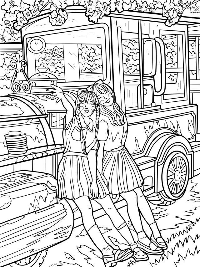 Girls' Happy Time with a Vintage Train