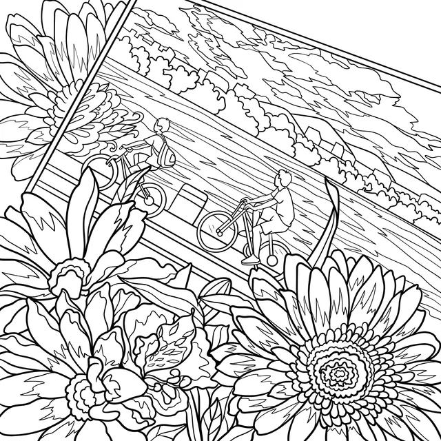 Two People Cycling among Flowers