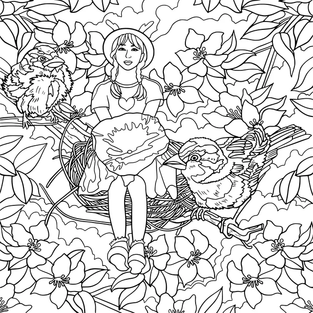 Girl and Birds in the Flower丛
