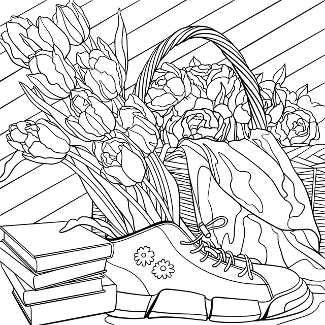 Combination of Flowers, Shoes and Books
