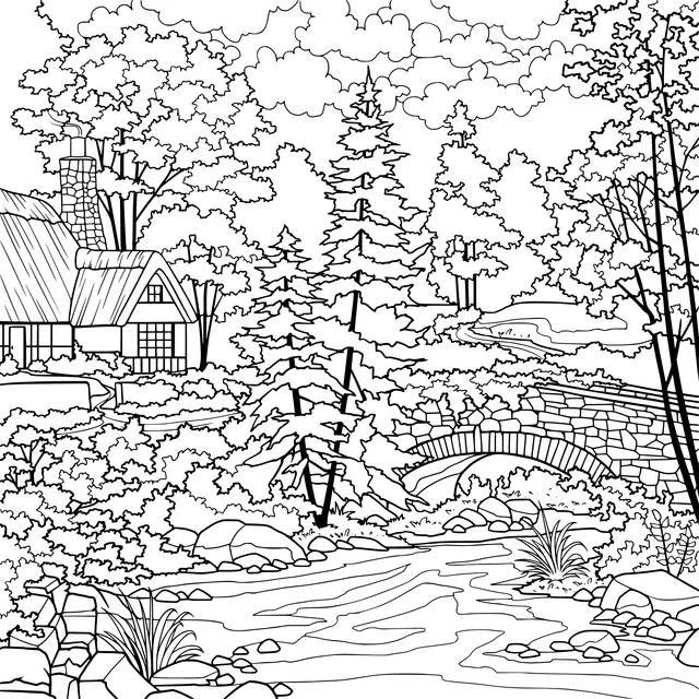 Scenery of a Cottage by the Stream in the Countryside