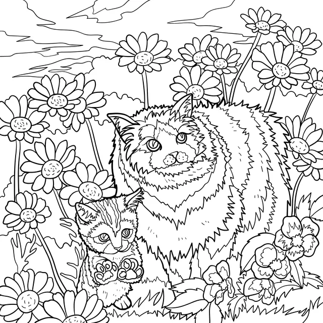Mother - cat and kitten in the flower - bed