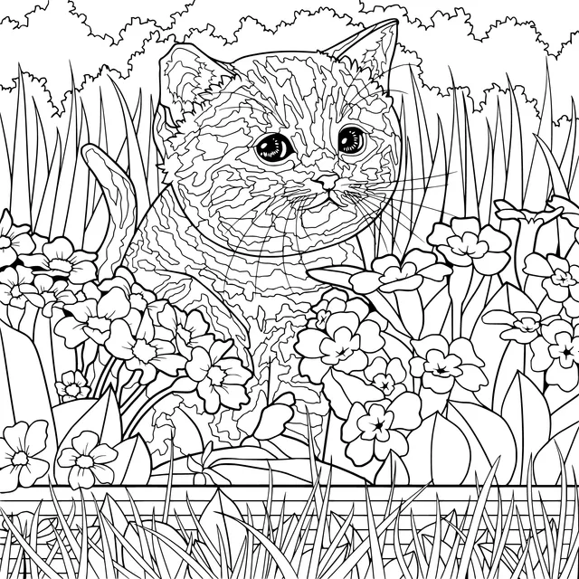 Kitten in the Flower Bed