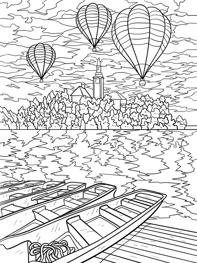 Beautiful Scene of Hot - air Balloons by the Lake