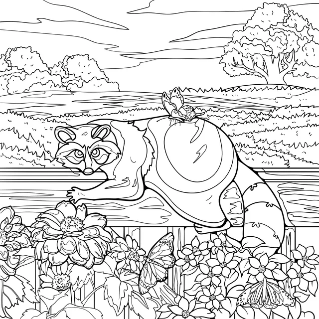 Raccoon and Butterflies on the Railing beside the Flower - bed