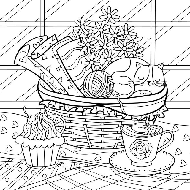 A Cat Napping in a Basket with Desserts and Flowers