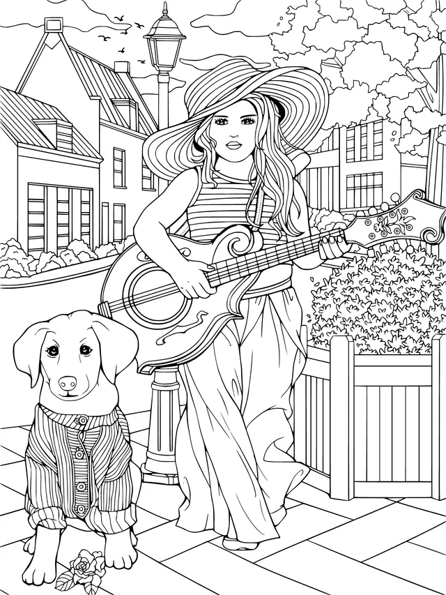 A woman playing the guitar on the street with her pet dog