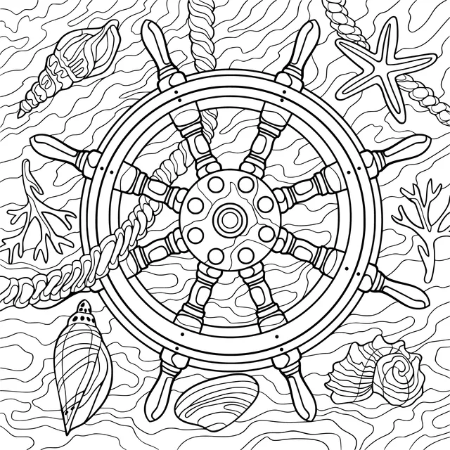 Illustration of a ship's wheel with a marine theme