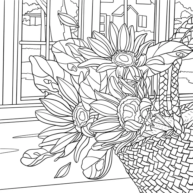 Sunflowers in a Basket by the Window