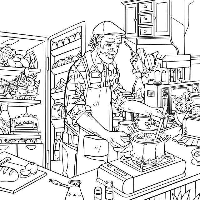 An old man cooking in the kitchen
