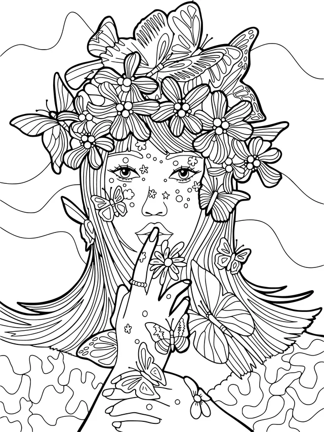 Dreamy Girl Surrounded by Butterflies and Flowers