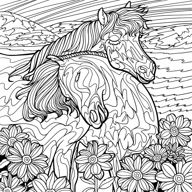 Two horses in the flower - bed