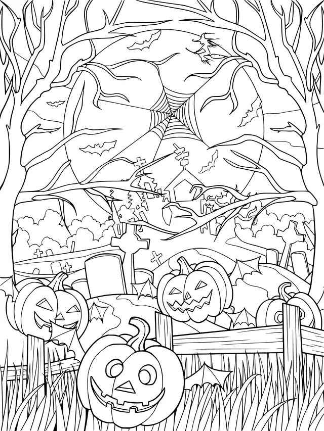 Pumpkins and Haunted House on Halloween Night