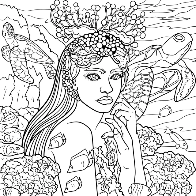 Ocean Goddess with Turtles and School of Fish