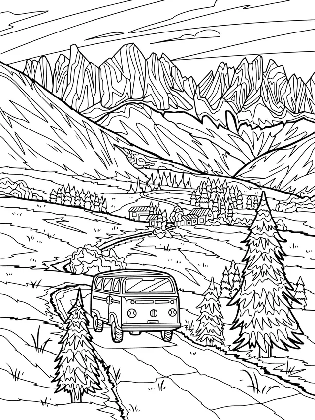 An orange van on a mountain road