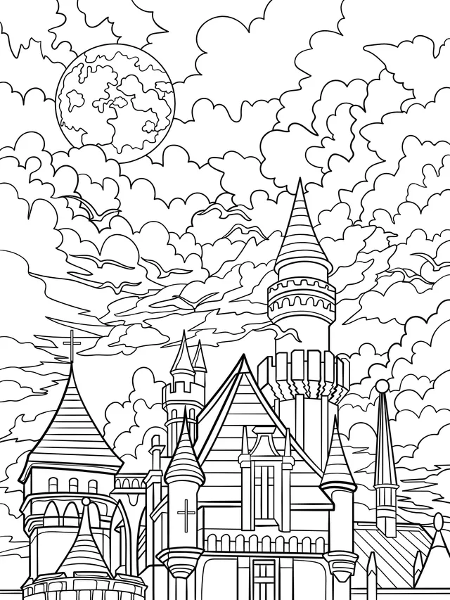 Dreamy Castle with Colorful Clouds and Moon