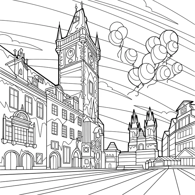 Colorful City Square and Balloons