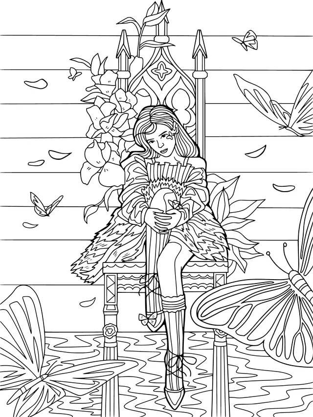 A girl sitting on a throne surrounded by flowers and butterflies