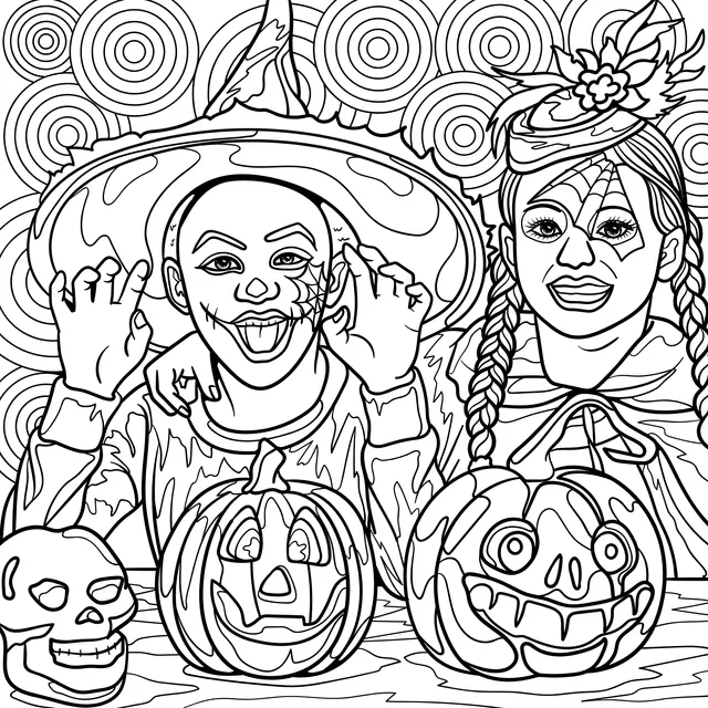 People in Halloween costumes and jack - o'- lanterns
