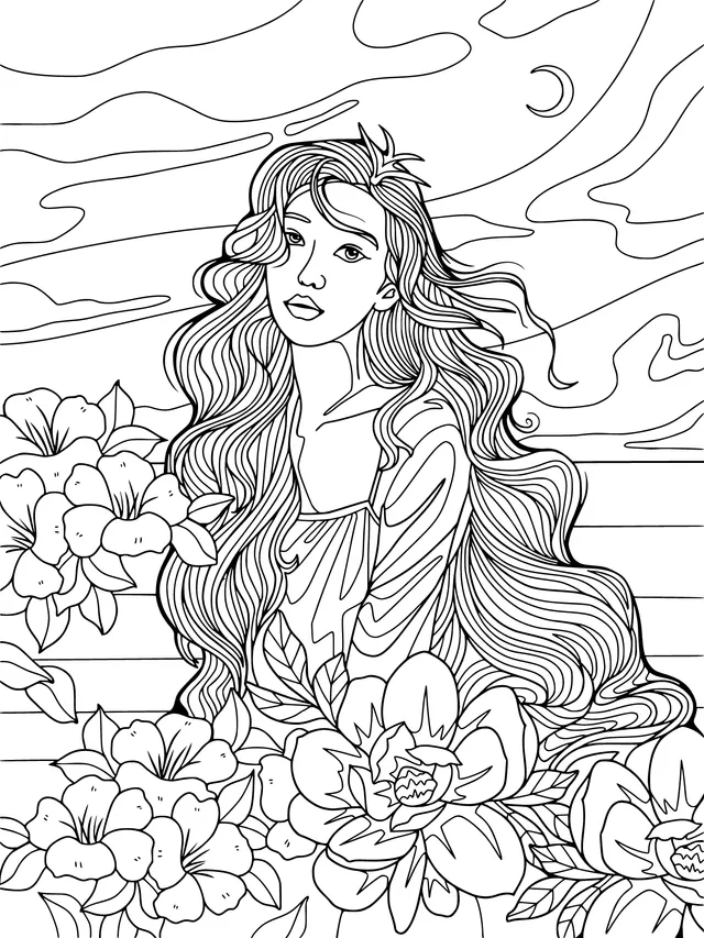 Long - haired woman among flowers