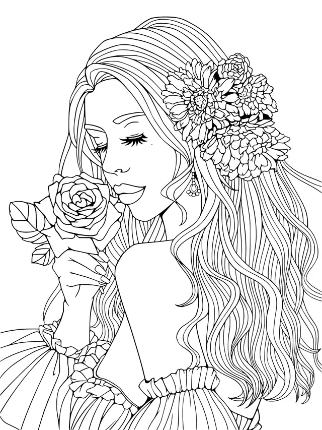 Woman with Flower Ornaments Holding a Rose