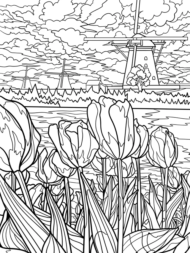 Beautiful Scenery of Tulips and Windmills