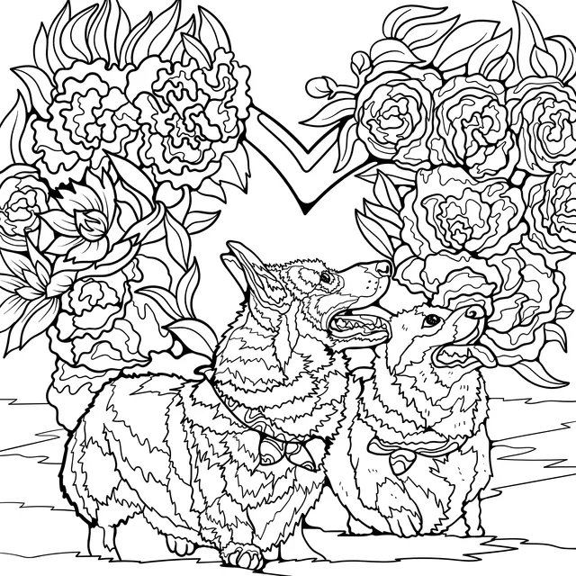 Two Corgis in a Flower Bed