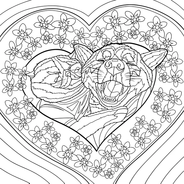 Cats and dogs snuggling in a heart - shaped pattern