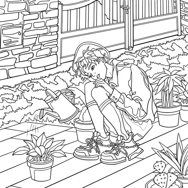 The Teenager Watering Flowers