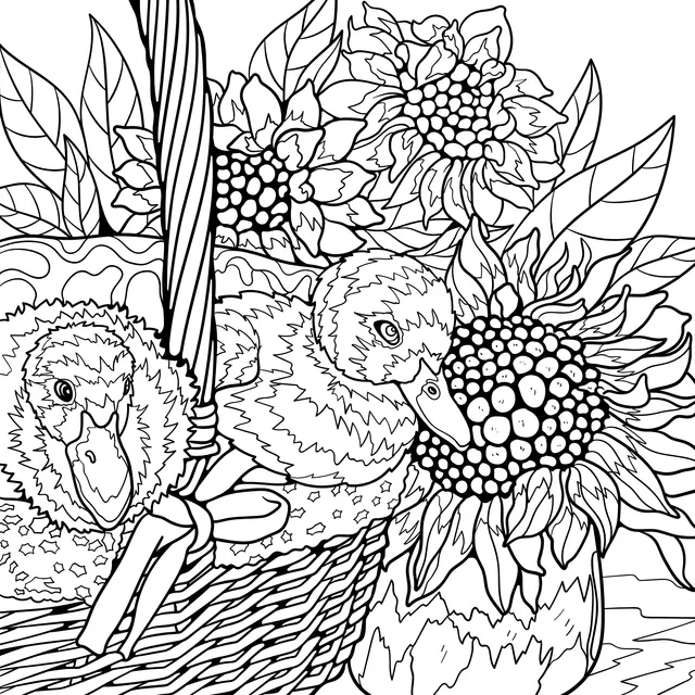 Ducks and Sunflowers in a Basket
