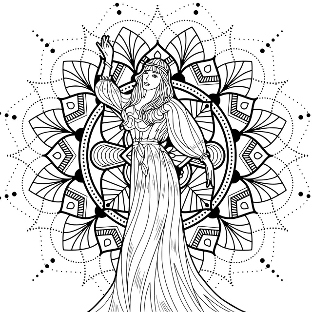 Dreamy Woman in Long Dress and Mandala Pattern
