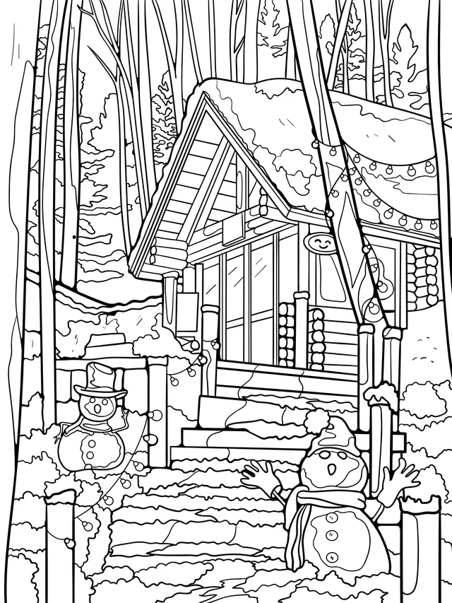 Cozy Log - cabin and Snowmen in the Snowy Night