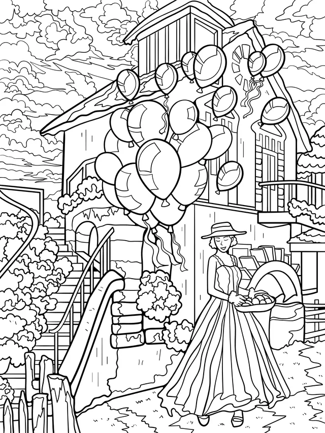 Woman with Basket and House of Colorful Balloons
