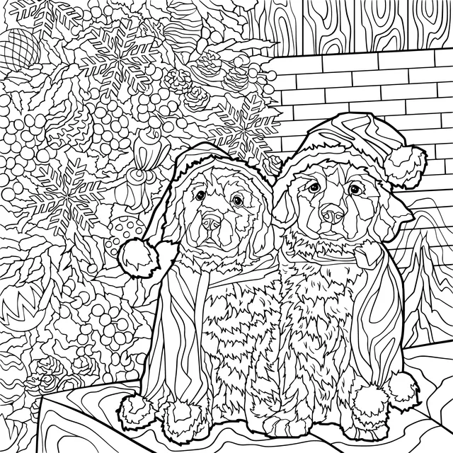 Two dogs wearing Santa hats