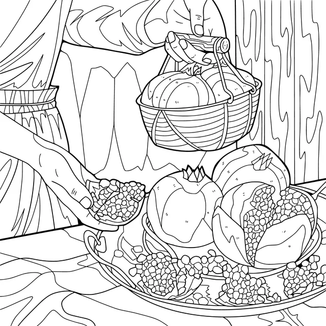 Scene of a person holding a basket and pomegranates
