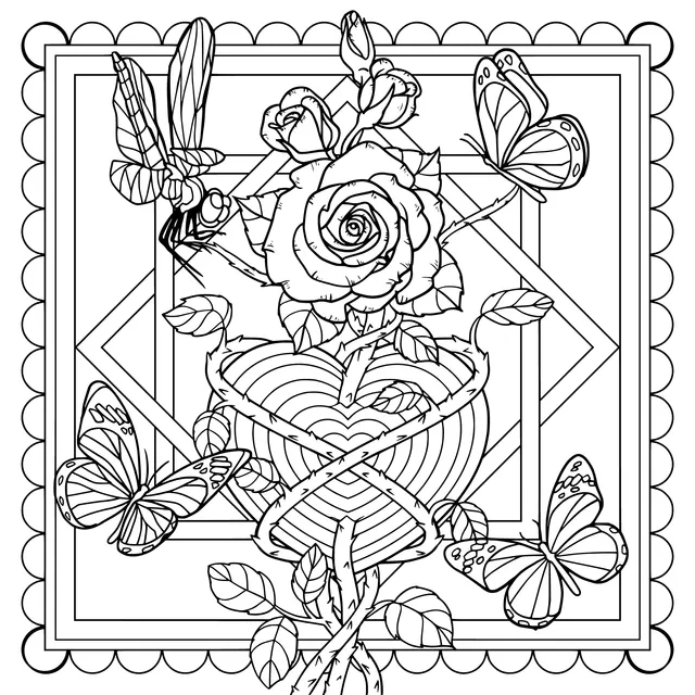 Decorative Painting of Heart - shaped Rose with Butterflies and Bees