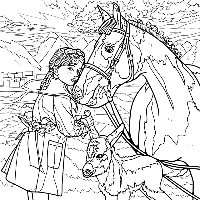 Girl with Horse and Donkey