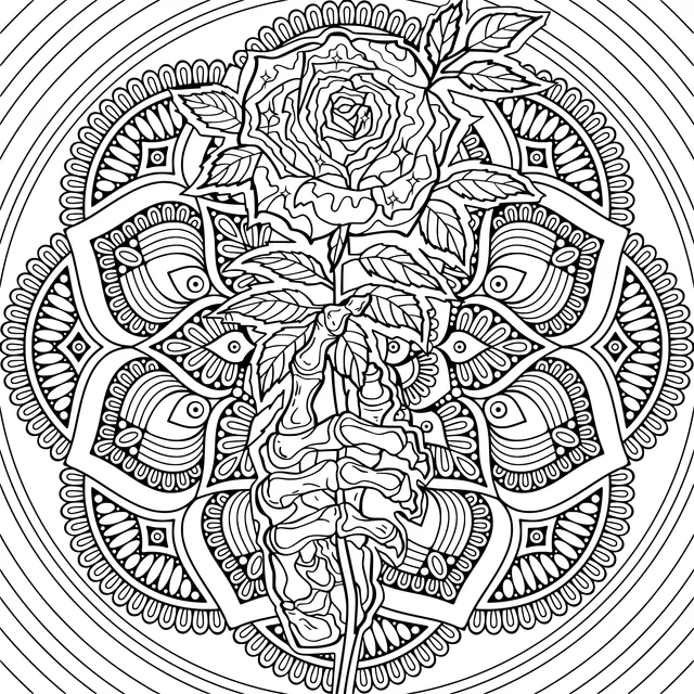 Skeleton Hand Holding a Rose with Mandala Pattern