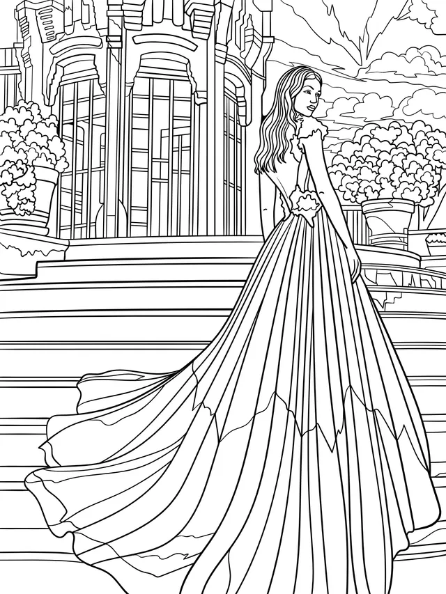 Woman in a blue dress in front of a castle