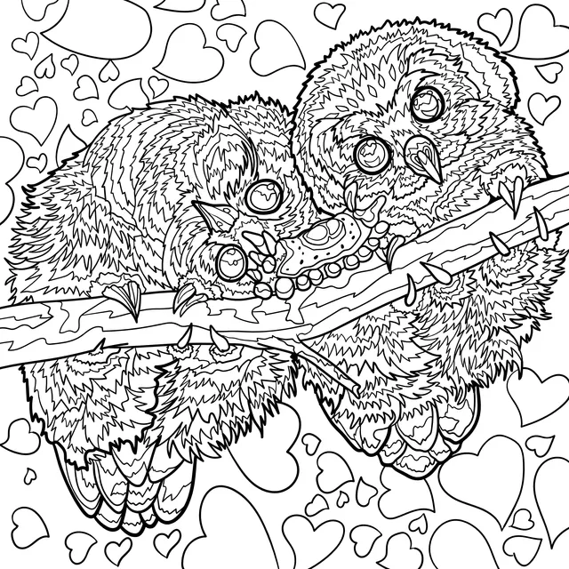 Two Owls Snuggling on a Branch with a Caterpillar