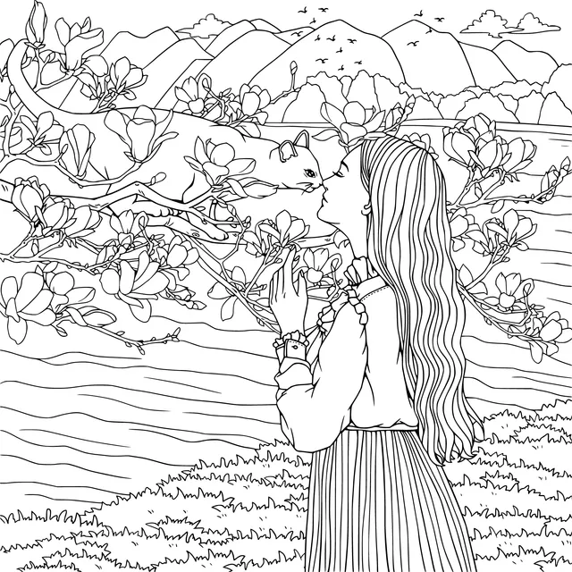 An Intimate Moment Between a Person and a Cat under the Flowers by the Lake