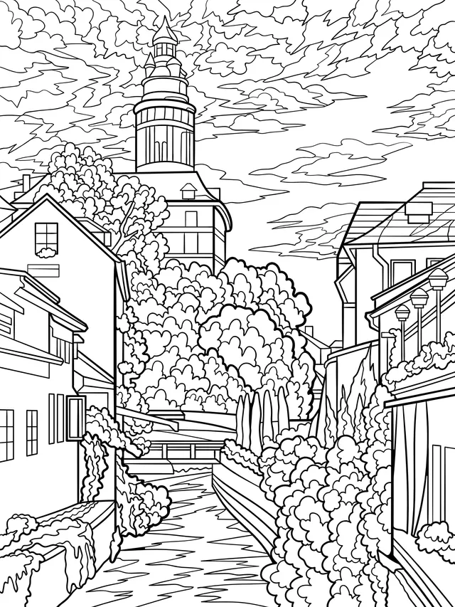 Scenery of a riverside town