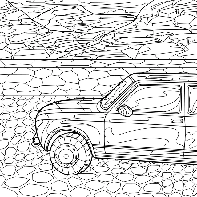 Red car beside the stone - paved road in the mountains