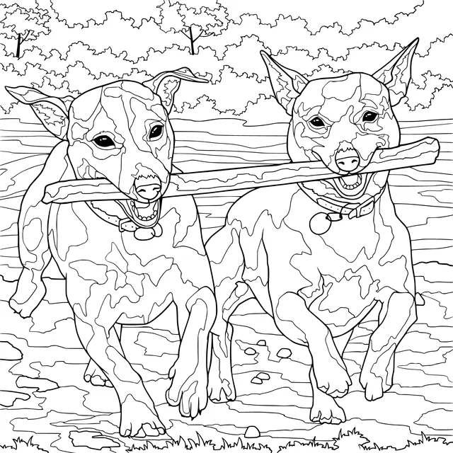 Two dogs running with a stick in their mouths